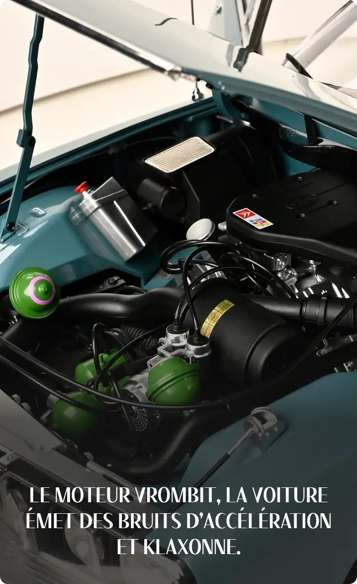 Le moteur vrombit, la voiture émet des bruits d’accélération et klaxonne.